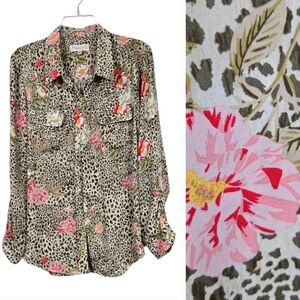 Nanette Lepore Animal Print Bold Floral Blouse Button Down Roll Tab Long Sleeve
